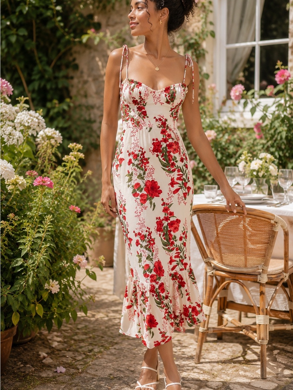 Reformation Nikita Midi Dress Floral Tie Strap Sweetheart Smocked Back Size 2